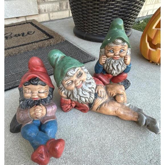 3 Vintage Garden Gnome Statue Dwarf CeramicLarge 9